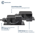 Spezifikationen des Senvolon Füllstandmessers, wie Lidar Sensor, Schutzklasse IP65 und einer 230 V Stromversorgung mit 2 Meter Leitung mit Schukostecker