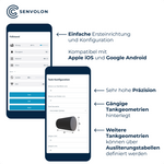 Konfigurationsmöglichkeiten des Senvolon Füllstandmessers in der App. Kompatibel mit Apple IOS und Google Android, Sehr hohe Präzision, Gängige Tankgeometrien hinterlegt. Weitere Tankgeometrien können über Ausliterungstabellen definiert werden