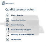 Qualitätsversprechen von Senvolon. 3 Jahre Garantie, Kostenlose Updates, Made in Germany, deutschsprachiger Support, Anleitung in deutscher Sprache, CE-zertifiziert