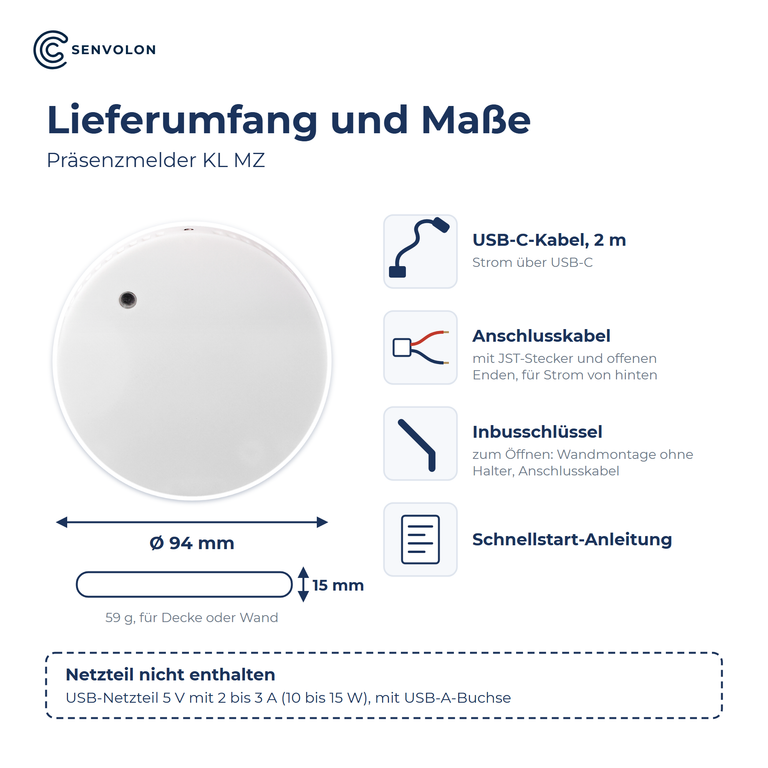 Lieferumfang und Maße des KL MZ: USB-C-Kabel, Anschlusskabel, Inbusschlüssel, Anleitung, 94 mm breit, 15 mm hoch
