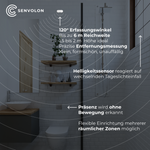 Anwendungsfall des Senvolon Präsenzmelders in einem Badezimmer: Sensor oben an der Wand befestigt mit einem 120 Grad Erfassungswinkel, bis zu 6 Meter Reichweite, 1,5 bis 2 Meter Höhe ideal, Präzise Entfernungsmessung, Klein, formschön und unauffällig. Pfeil zeigt auf Fenster: Helligkeitssensor reagiert auf wechselnden Tageslichteinfall. Pfeil zeigt auf Toilette: Präsenz wird ohne Bewegung erkannt, Flexible Einrichtung mehrerer räumlicher Zonen möglich