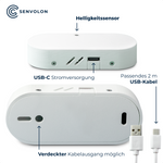 Spezifikationen des Senvolon Präsenzmelders: Helligkeitssenor, USB-C Stromversorgung, Verdeckter Kabelausgang möglich, Passendes 2 Meter USB-Kabel
