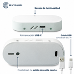 Especificaciones del detector de presencia Senvolon: sensor de luminosidad, alimentación eléctrica por USB-C, posibilidad de salida de cable oculta, cable USB a juego de 2 metros