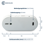 Größe des Senvolon Präsenzmelders in Millimeter von Breite 90, Höhe 37, Tiefe 17. Kabelausgang 5 Millimeter und Befestigugnslöcher 8 * 3 Millimeter