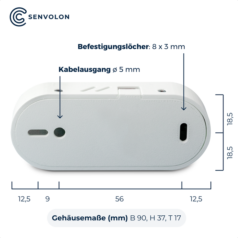 Größe des Senvolon Präsenzmelders in Millimeter von Breite 90, Höhe 37, Tiefe 17. Kabelausgang 5 Millimeter und Befestigugnslöcher 8 * 3 Millimeter