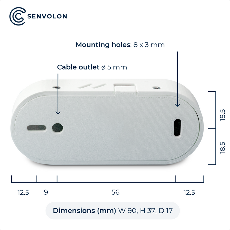 Size of the Senvolon presence sensor in millimeters: width 90, height 37, depth 17. Cable outlet 5 millimeters and mounting holes 8 x 3 millimeters