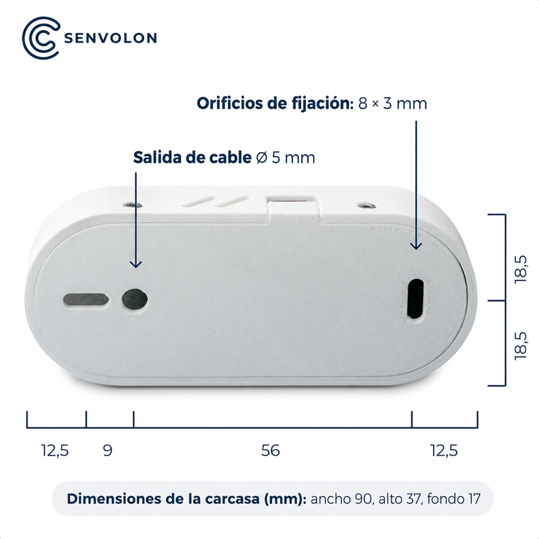 Tamaño del detector de presencia Senvolon en milímetros: anchura 90, altura 37, profundidad 17. Salida de cable de 5 milímetros y orificios de fijación de 8 * 3 milímetros