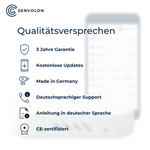 Qualitätsversprechen von Senvolon. 3 Jahre Garantie, Kostenlose Updates, Made in Germany, deutschsprachiger Support, Anleitung in deutscher Sprache, CE-zertifiziert