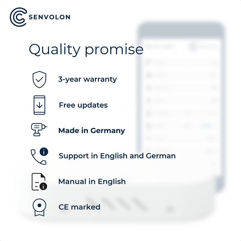 Senvolon's quality promise. 3-year warranty, free updates, Made in Germany, English-speaking support, instructions in English, CE certified