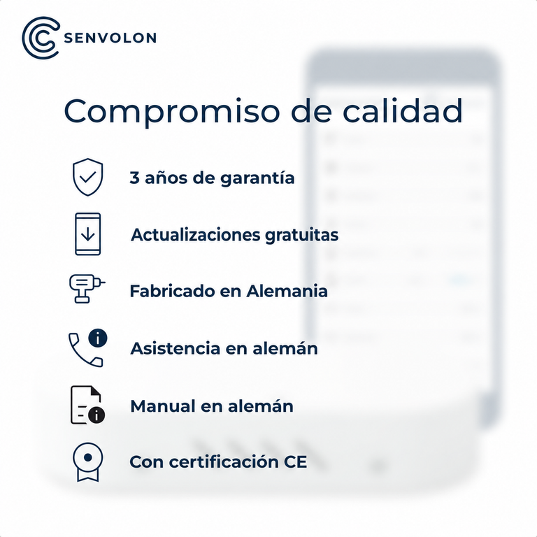 Compromiso de calidad de Senvolon. 3 años de garantía, actualizaciones gratuitas, Made in Germany, soporte en inglés, instrucciones en español, certificado CE