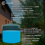 Depósito de agua con sensor de nivel Senvolon instalado. Medición de nivel por LiDAR, hasta 12 metros de altura de llenado, para líquidos y sólidos, bajo mantenimiento gracias a la medición sin contacto y a la instalación sencilla. Apto para todas las geometrías de depósito, geometrías estándar predefinidas, tablas de aforo para geometrías especiales y vigilancia MIN/MAX