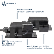 Spezifikationen des Senvolon Füllstandmessers, wie Lidar Sensor, Schutzklasse IP65 und einer 230 V Stromversorgung mit 2 Meter Leitung mit Schukostecker