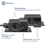 Specifications of the Senvolon level sensor, such as LiDAR sensor, IP65 protection rating, and a 230 V power supply with 2-meter cable and Schuko plug
