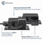 Especificaciones del sensor de nivel Senvolon: sensor LiDAR, clase de protección IP65 y alimentación eléctrica de 230 V con cable de 2 metros y enchufe Schuko