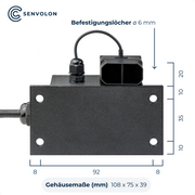 Größe des Senvolon Füllstandmessers in Millimeter von 108 * 75 * 39. Befestigungslöcher 6 Millimeter