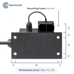 Size of the Senvolon level sensor in millimeters: 108 x 75 x 39. Mounting holes 6 millimeters