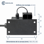 Tamaño del sensor de nivel Senvolon en milímetros: 108 * 75 * 39. Orificios de fijación de 6 milímetros