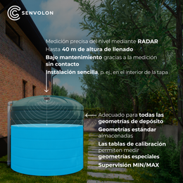 Depósito de agua con sensor de nivel por radar Senvolon RD instalado. Medición de nivel por radar con precisión milimétrica hasta 40 metros de altura de llenado, bajo mantenimiento gracias a la medición sin contacto, apto para todas las geometrías de depósito, con vigilancia MIN/MAX