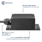 Specifications of the Senvolon radar level sensor: 80 GHz radar, IP65 protection rating, 230 V power supply with 2-meter connection cable and Schuko plug