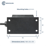 Dimensions of the Senvolon radar level sensor in millimeters: 55 x 39 x 108, with 6-millimeter mounting holes