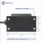 Dimensiones del sensor de nivel Senvolon por radar en milímetros: 55 x 39 x 108, con orificios de fijación de 6 milímetros