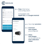 Configuration options of the Senvolon radar level sensor in the app. Compatible with Apple iOS and Google Android, millimeter-accurate readings, common tank geometries pre-configured, additional ones definable via tank calibration tables