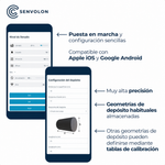 Opciones de configuración del sensor de nivel Senvolon por radar en la aplicación. Compatible con Apple iOS y Google Android, valores medidos con precisión milimétrica, geometrías de depósito habituales predefinidas, más geometrías definibles mediante tablas de aforo