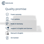 Senvolon's quality promise: 3-year warranty, free updates, Made in Germany, English-speaking support, instructions in English, CE certified