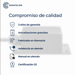 Compromiso de calidad de Senvolon: 3 años de garantía, actualizaciones gratuitas, Made in Germany, soporte en inglés, instrucciones en español, certificado CE