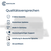 Qualitätsversprechen von Senvolon. 3 Jahre Garantie, Kostenlose Updates, Made in Germany, deutschsprachiger Support, Anleitung in deutscher Sprache, CE-zertifiziert
