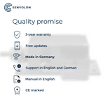 Senvolon's quality promise. 3-year warranty, free updates, Made in Germany, English-speaking support, instructions in English, CE certified