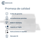 Compromiso de calidad de Senvolon. 3 años de garantía, actualizaciones gratuitas, Made in Germany, soporte en inglés, instrucciones en español, certificado CE