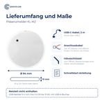 Lieferumfang und Maße des KL MZ: USB-C-Kabel, Anschlusskabel, Inbusschlüssel, Anleitung, 94 mm breit, 15 mm hoch