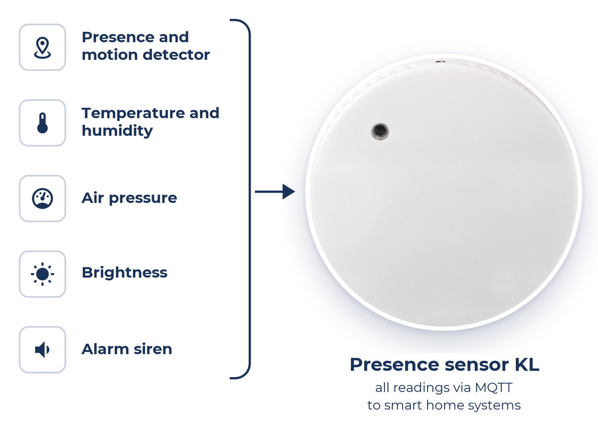 One device instead of five: presence and motion, temperature and humidity, air pressure, brightness and siren in the KL