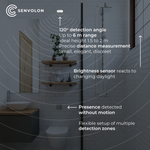 Use case of the Senvolon presence sensor in a bathroom: sensor mounted high on the wall with a 120-degree detection angle, up to 6 meters range, 1.5 to 2 meters height ideal, precise distance measurement, small, elegant, and unobtrusive. Arrow points to window: brightness sensor reacts to changing daylight. Arrow points to toilet: presence is detected without movement, flexible setup of multiple spatial zones possible