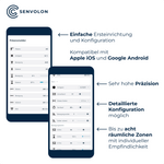 Konfigurationsmöglichkeiten des Senvolon Präsenzmelders in der App. Kompatibel mit Apple IOS und Google Android, Sehr hohe Präzision, Detaillierte Konfiguration möglich, Bis zu acht räumliche Zonen mit individueller Empfindlichkeit