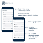 Configuration options of the Senvolon presence sensor in the app. Compatible with Apple iOS and Google Android, very high accuracy, detailed configuration possible, up to eight spatial zones with individual sensitivity