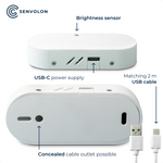 Specifications of the Senvolon presence sensor: brightness sensor, USB-C power supply, concealed cable outlet possible, matching 2-meter USB cable