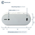 Size of the Senvolon presence sensor in millimeters: width 90, height 37, depth 17. Cable outlet 5 millimeters and mounting holes 8 x 3 millimeters