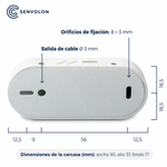 Tamaño del detector de presencia Senvolon en milímetros: anchura 90, altura 37, profundidad 17. Salida de cable de 5 milímetros y orificios de fijación de 8 * 3 milímetros