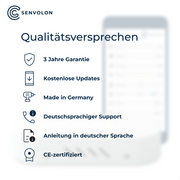 Qualitätsversprechen von Senvolon. 3 Jahre Garantie, Kostenlose Updates, Made in Germany, deutschsprachiger Support, Anleitung in deutscher Sprache, CE-zertifiziert