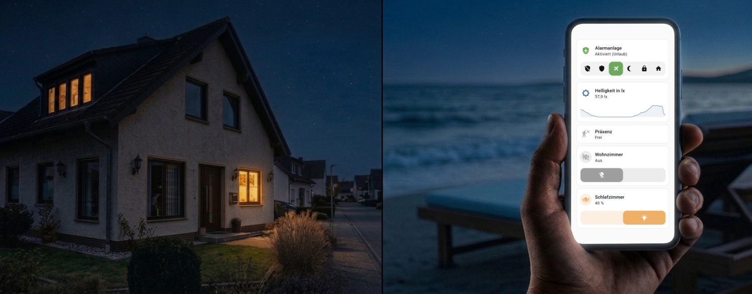 Anwesenheitssimulation im Urlaub: beleuchtetes Wohnhaus bei Nacht, daneben Smartphone mit Home-Assistant-Dashboard und aktivem Urlaubsmodus am Strand
