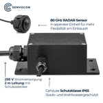 80-GHz-Radarsensor als separater Sensorkopf, Elektronikbox IP65 mit 230-V-Versorgung und 2 m Leitung mit Schukostecker