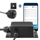 RD ER mit RP-SMA-Anschluss für eine externe WLAN-Antenne an der Elektronikbox, dazu Sensorkopf und App