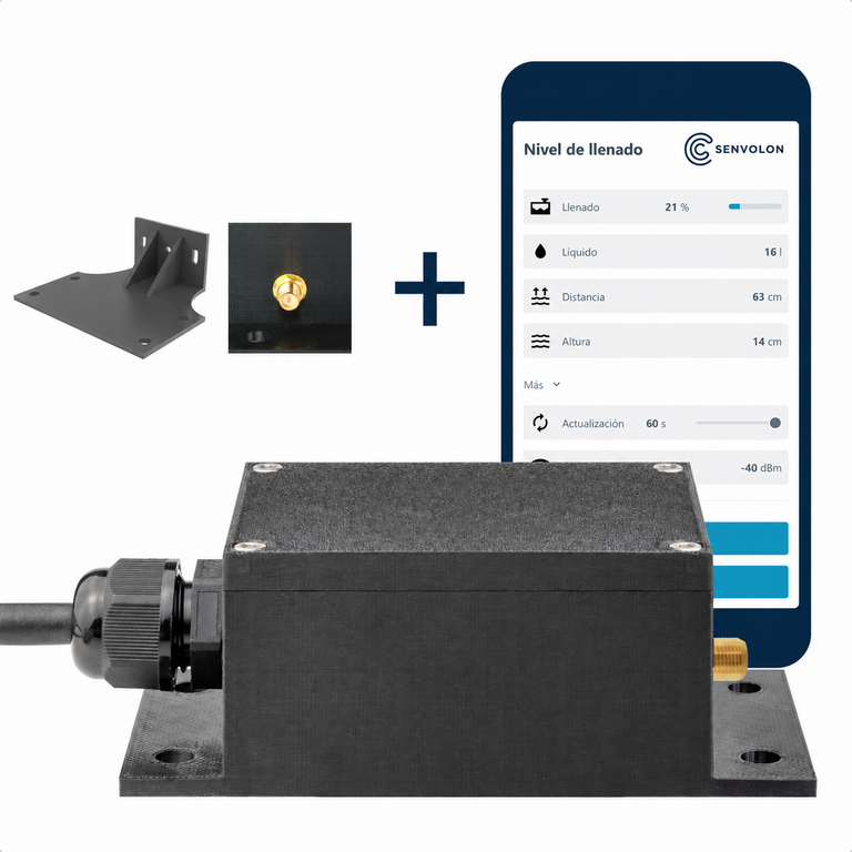 Sensor de nivel por radar Senvolon RD con conector RP-SMA y soporte de montaje