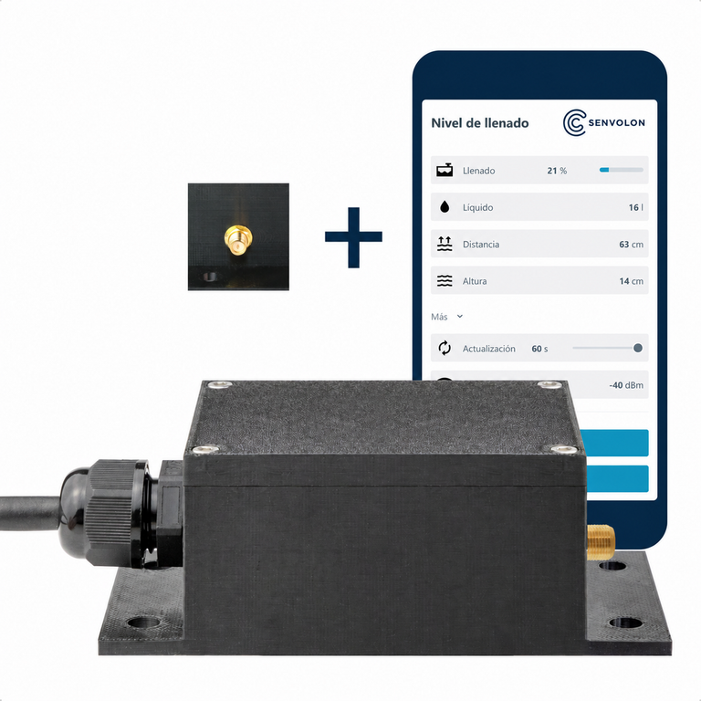 Sensor de nivel por radar Senvolon RD en la variante con conector RP-SMA para una antena WiFi externa