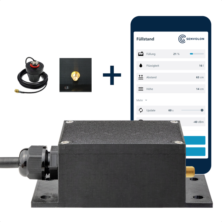 Senvolon Radar-Füllstandssensor RD als Set mit RP-SMA-Anschluss und externer WLAN-Antenne für Schächte mit schwachem Empfang