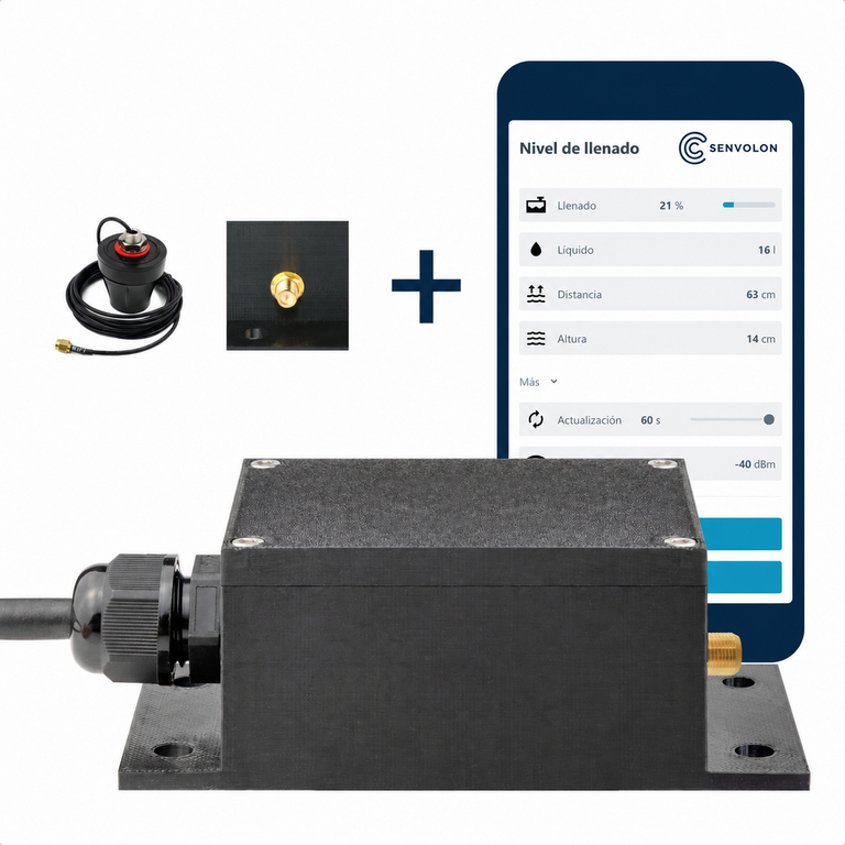 Sensor de nivel por radar Senvolon RD como set con conector RP-SMA y antena WiFi externa para arquetas con recepción débil