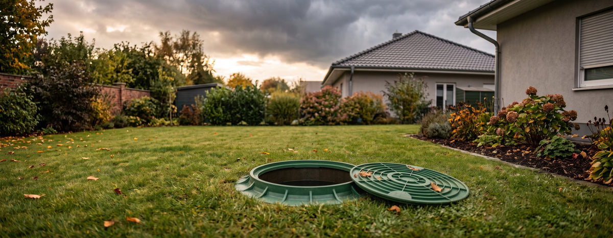 Geöffnete Zisterne im herbstlichen Garten vor aufziehendem Regen